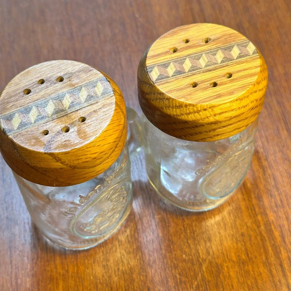 Golden Harvest Mini Mason Jar Salt & Pepper Shaker Set Wood Inlay Lids